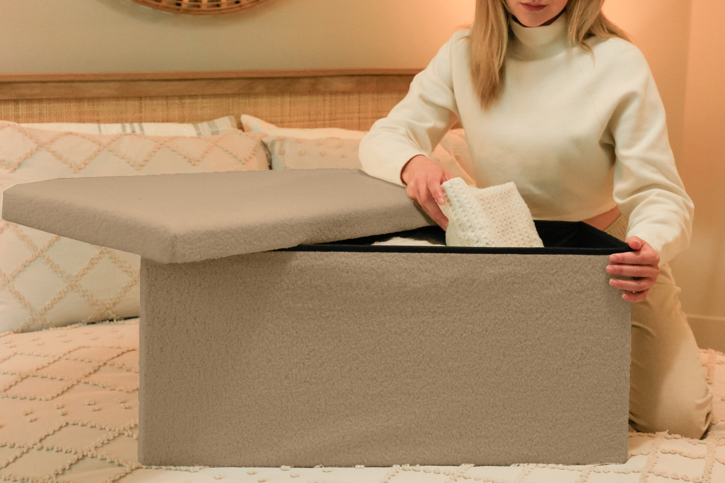 30" Taupe Boucle Storage Ottoman