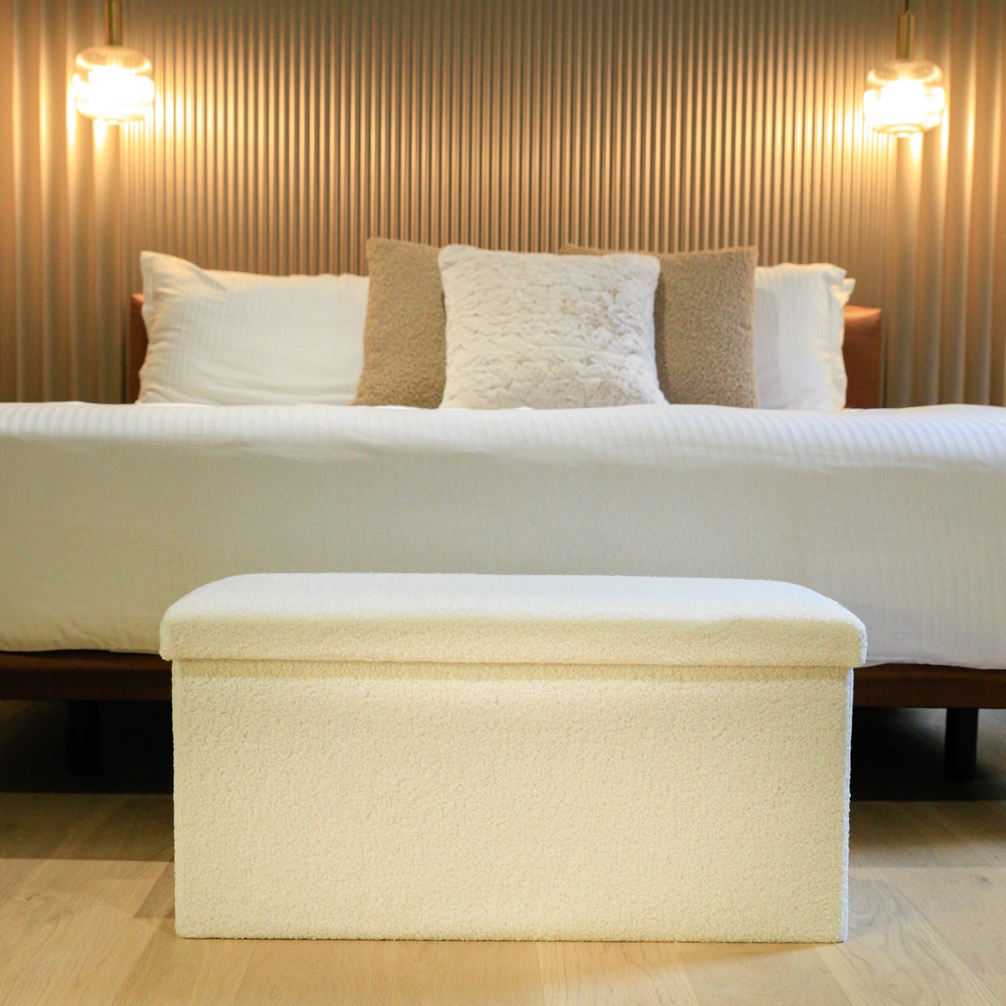 30" White Boucle Storage Ottoman