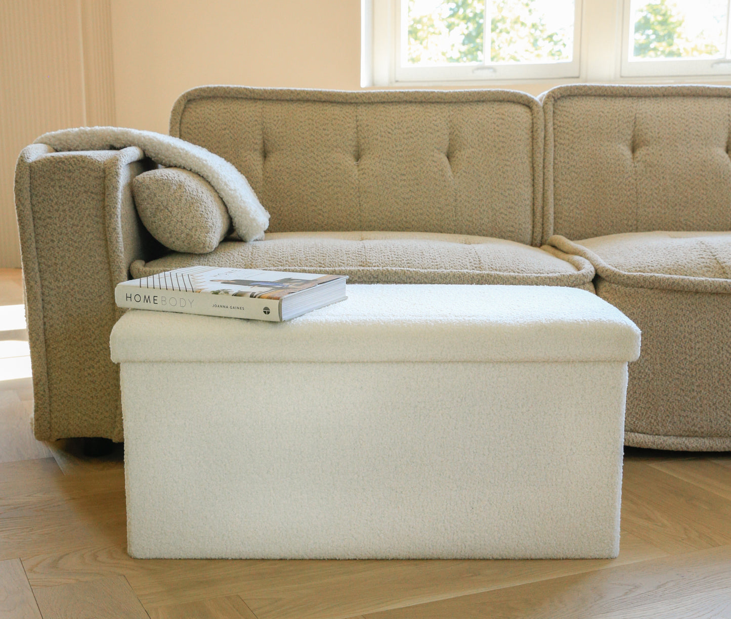 30" White Boucle Storage Ottoman