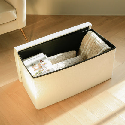 30" White Boucle Storage Ottoman