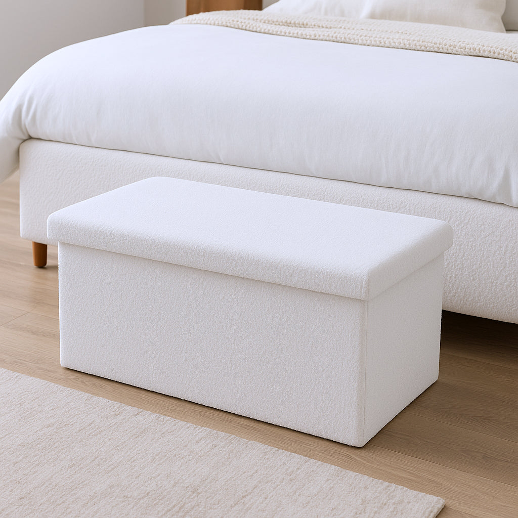 30" White Boucle Storage Ottoman