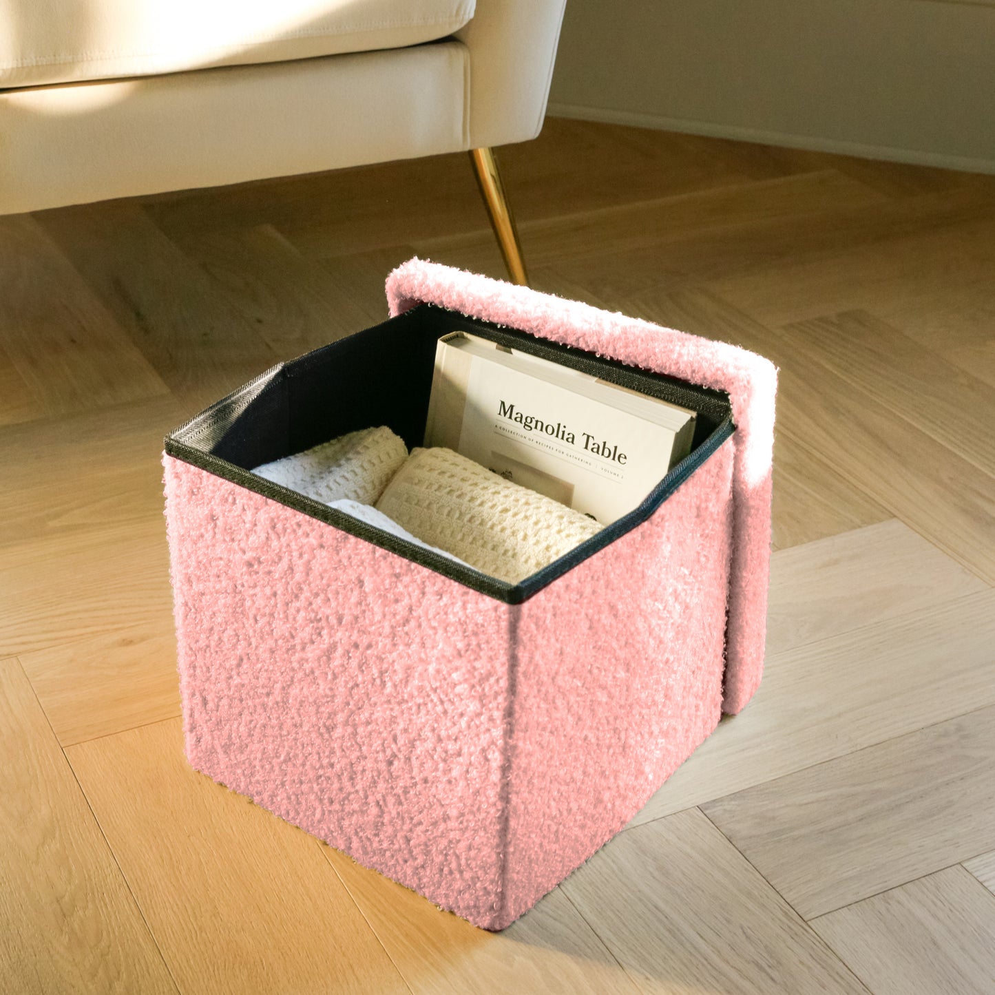 12" Pink Boucle Cube Storage Ottoman