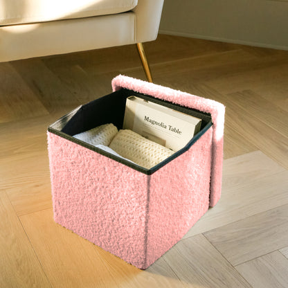 12" Pink Boucle Cube Storage Ottoman