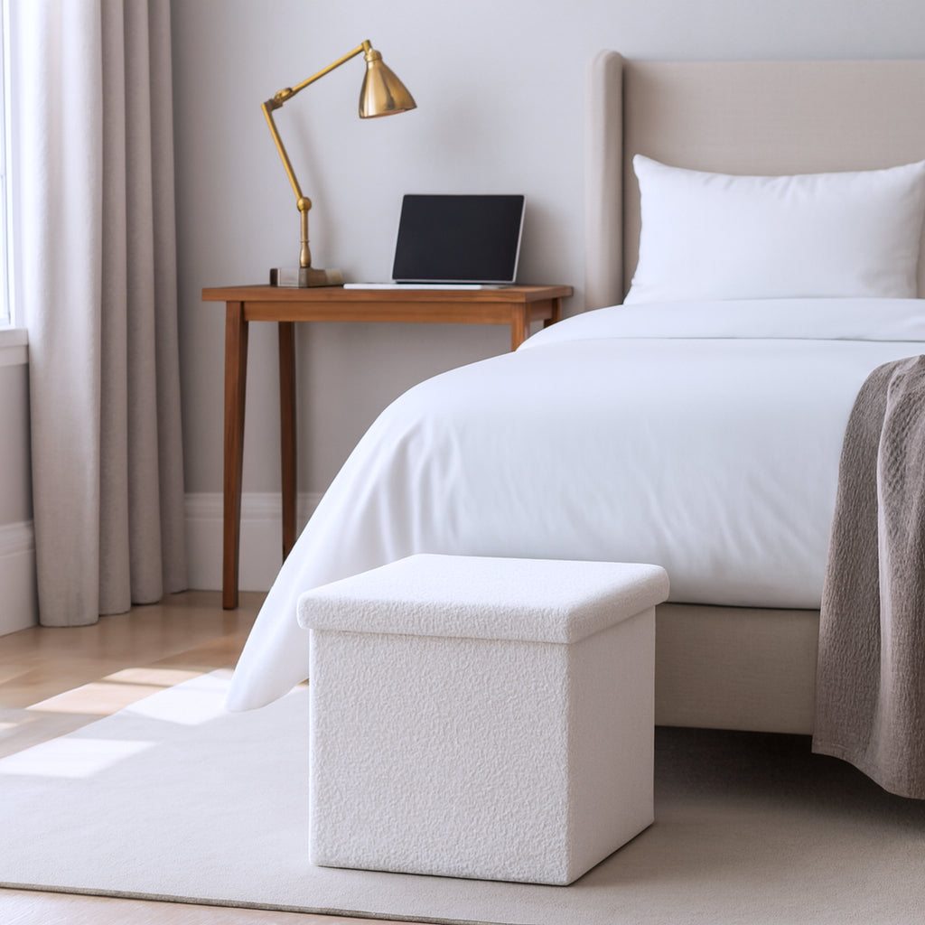 12" White Boucle Cube Storage Ottoman