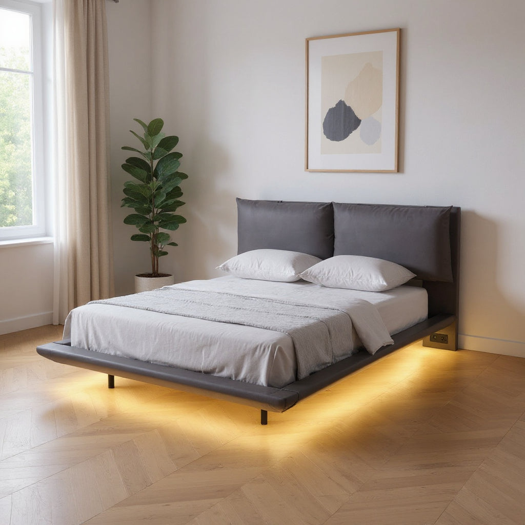 Gray Tufted Upholstered Queen Bed Frame With LED Lighting And USB