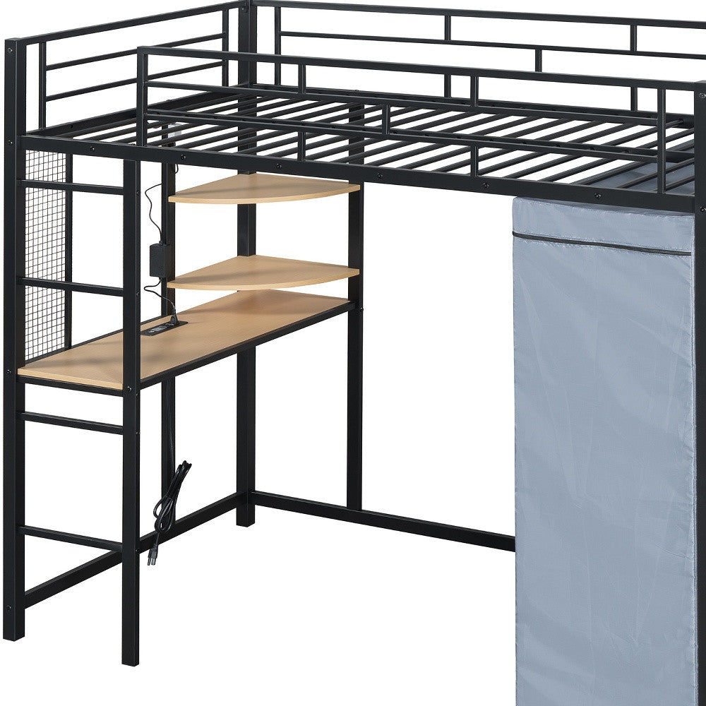 Black Four Poster Wood Twin Loft Bed With Desk And Shelve