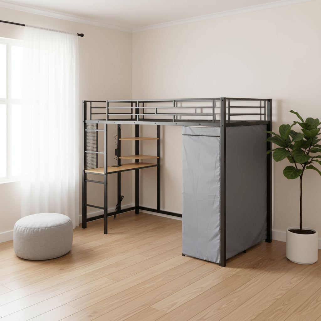 Black Four Poster Wood Twin Loft Bed With Desk And Shelve