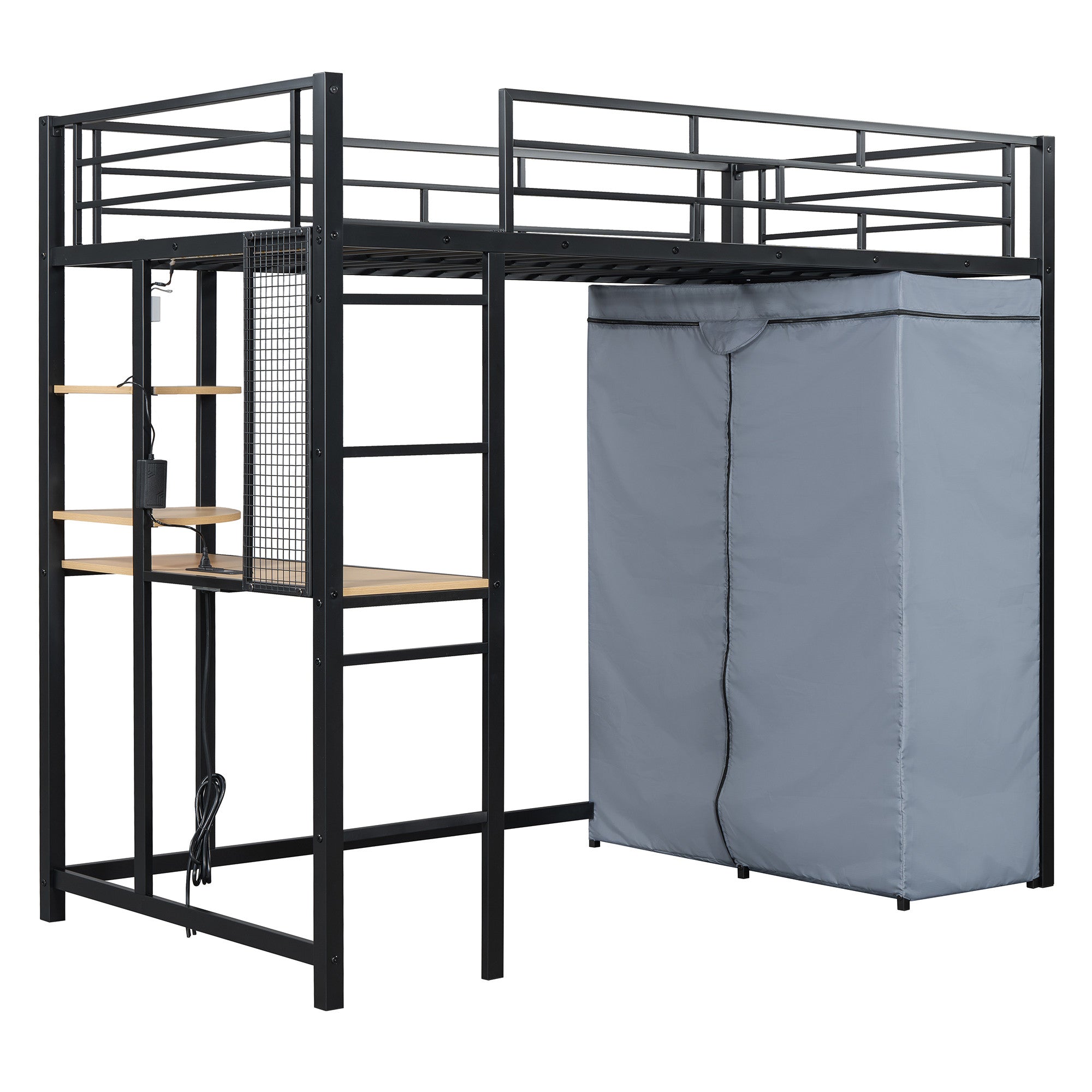 Black Four Poster Wood Twin Loft Bed With Desk And Shelve