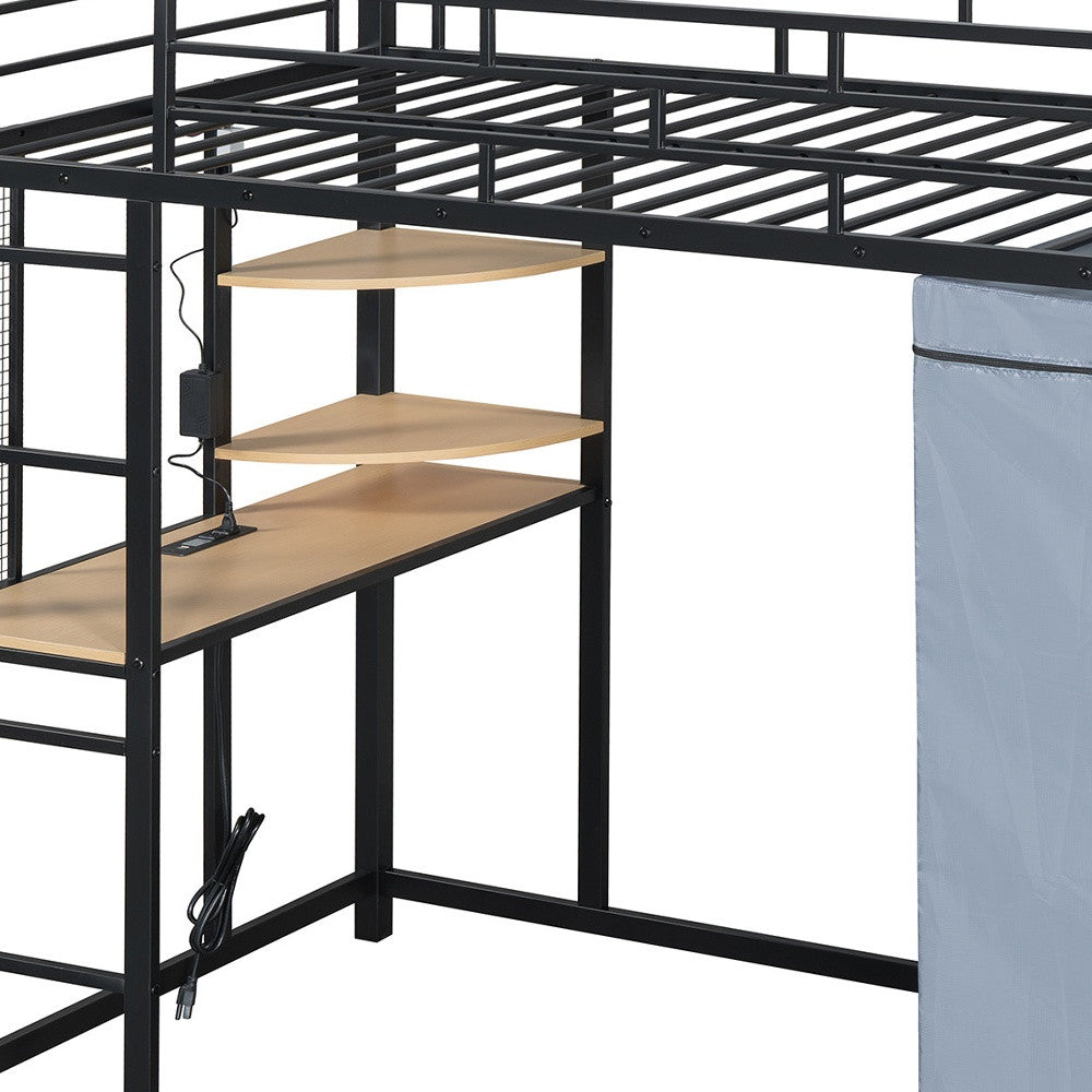 Black Four Poster Wood Twin Loft Bed With Desk And Shelve
