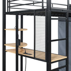 Black Four Poster Wood Twin Loft Bed With Desk And Shelve