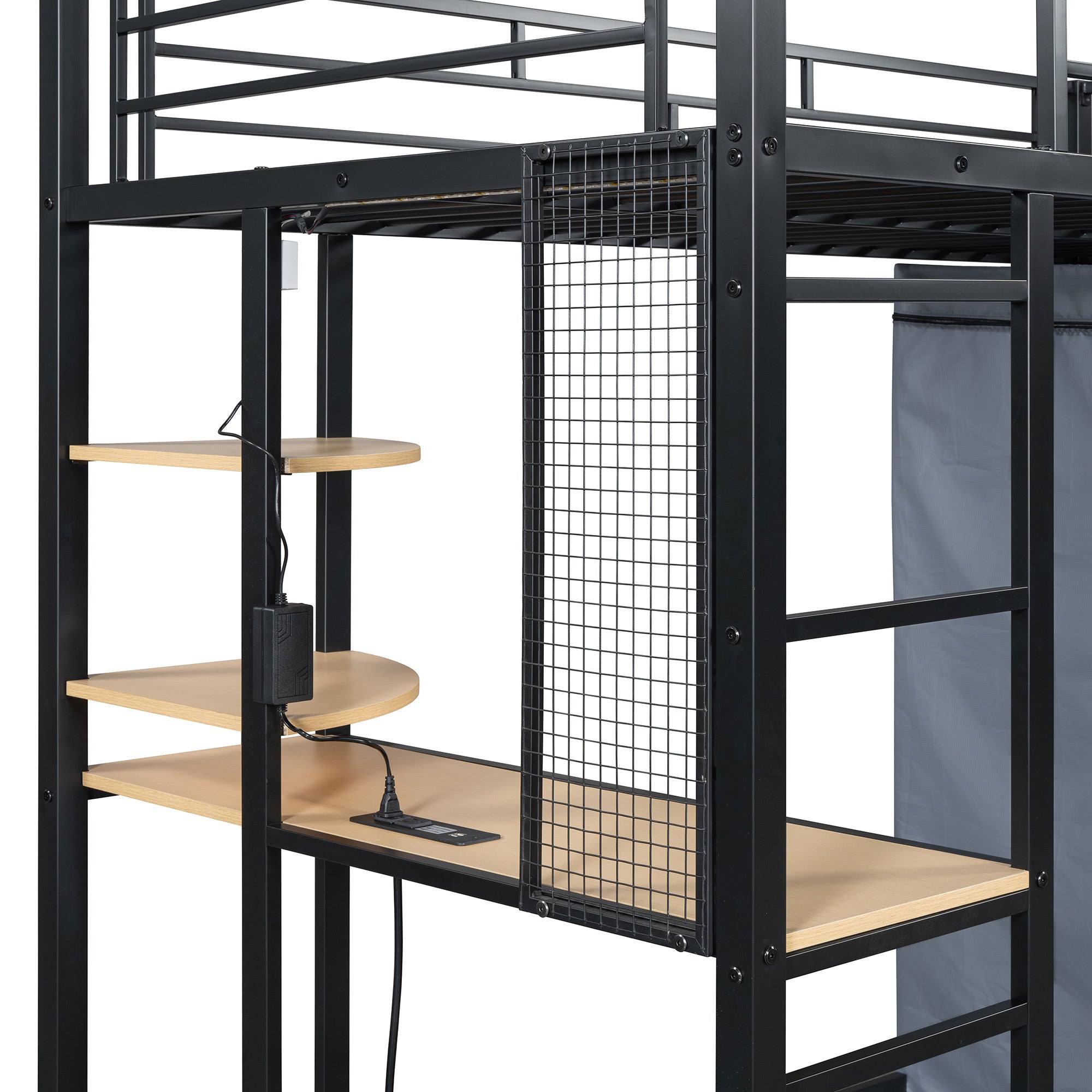 Black Four Poster Wood Twin Loft Bed With Desk And Shelve