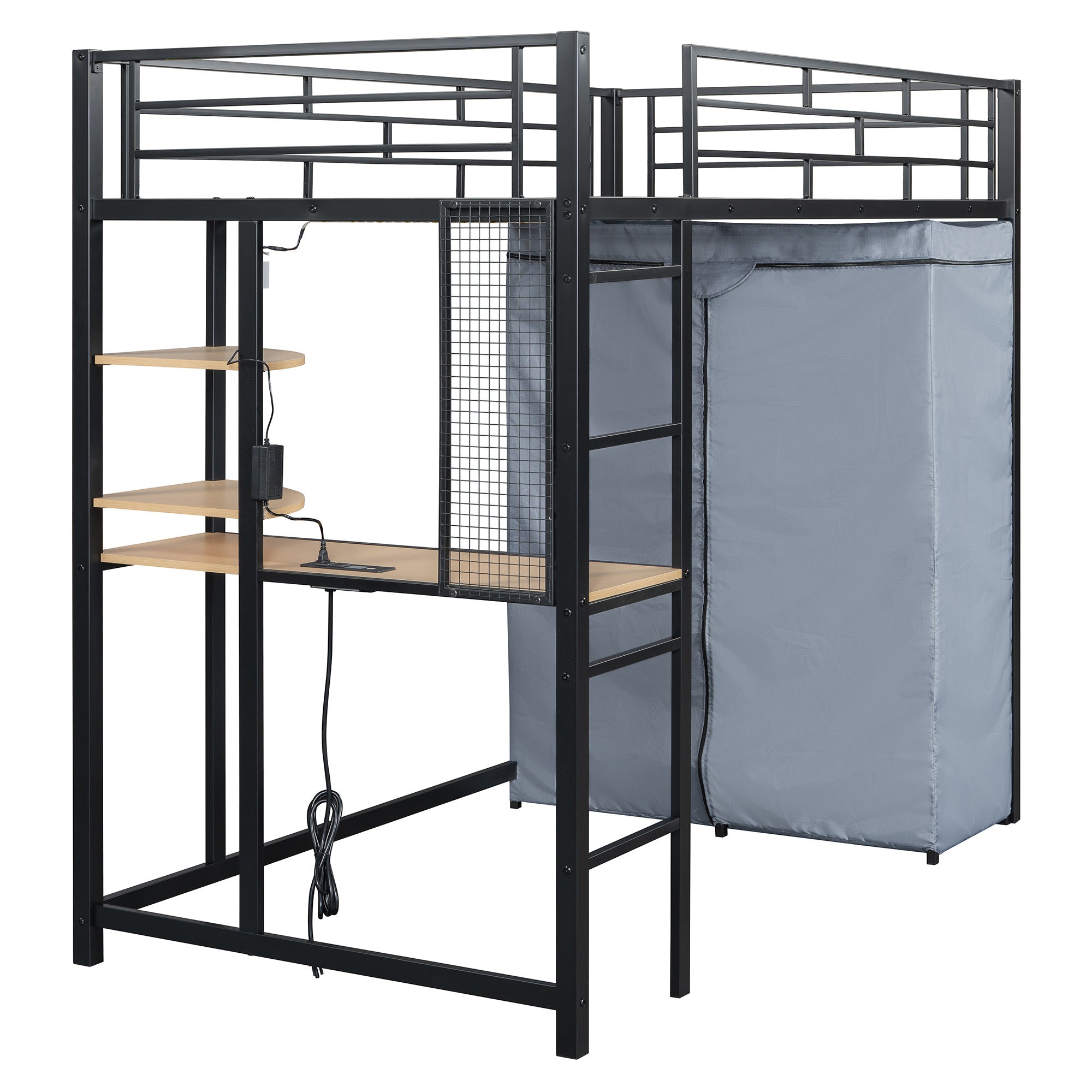 Black Four Poster Wood Twin Loft Bed With Desk And Shelve