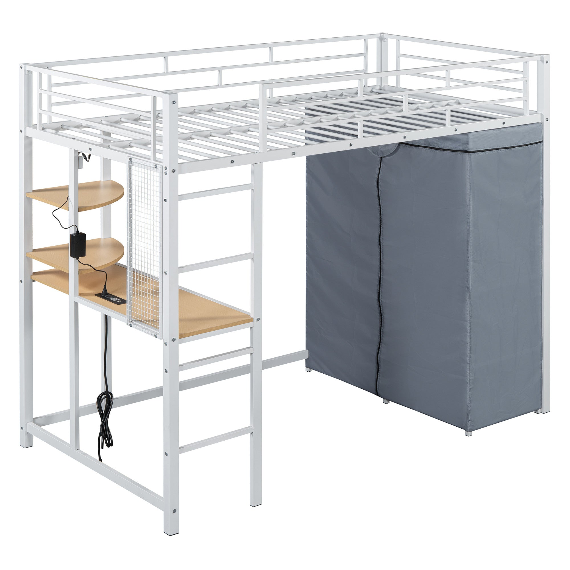 White Four Poster Wood Twin Loft Bed with Desk and Shelves