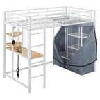 White Four Poster Wood Twin Loft Bed with Desk and Shelves