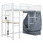 White Four Poster Wood Twin Loft Bed with Desk and Shelves