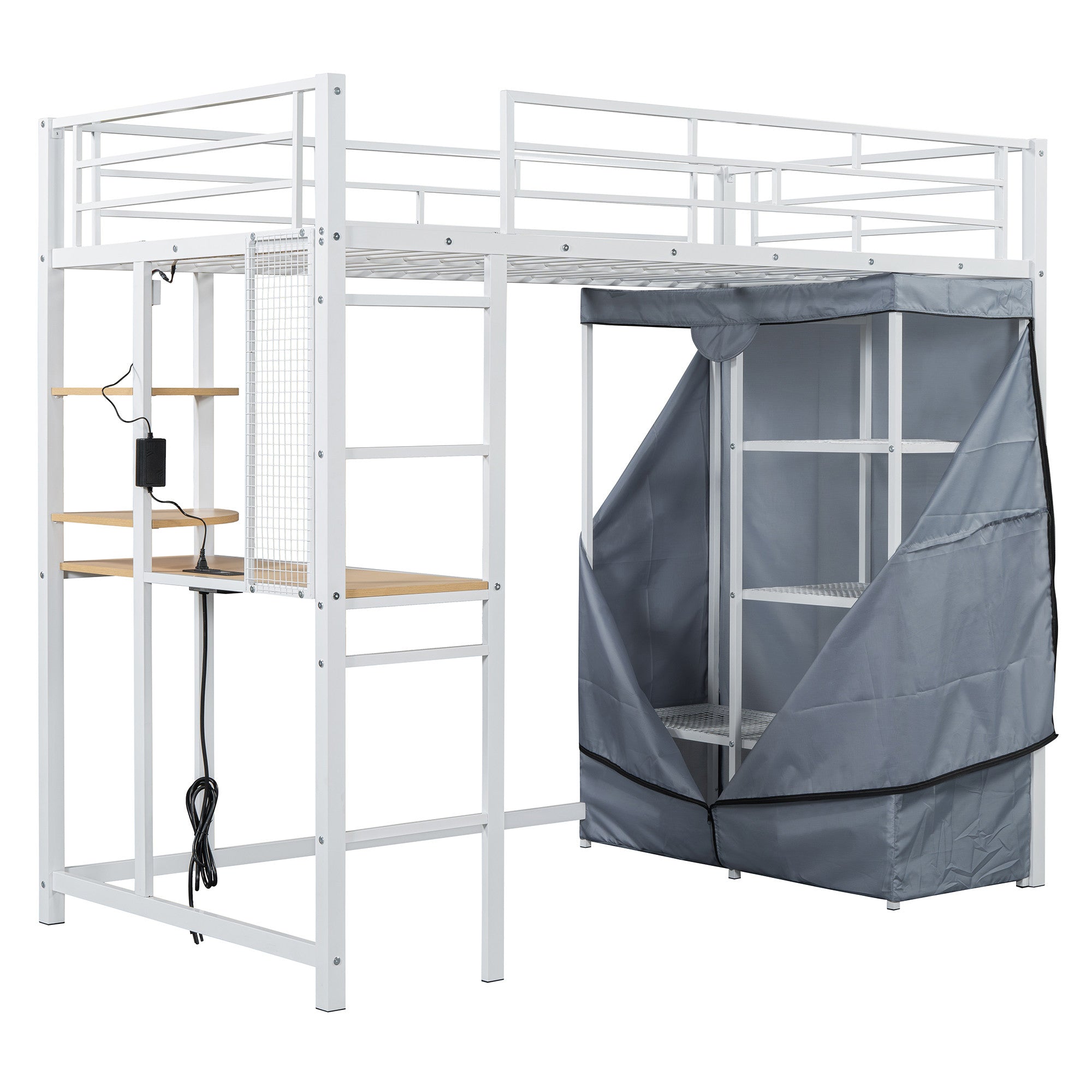 White Four Poster Wood Twin Loft Bed with Desk and Shelves