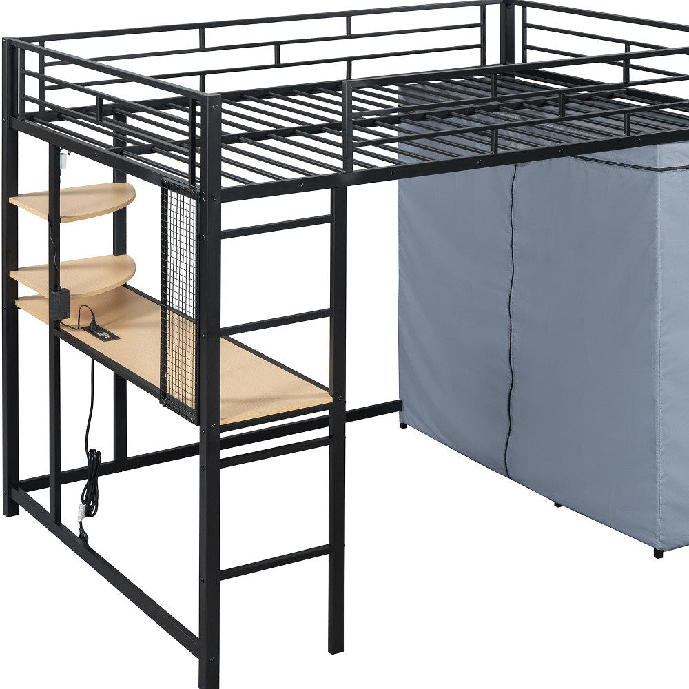 Black Four Poster Wood Full Double Loft Bed with Desk and Shelves
