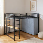 Black Four Poster Wood Full Double Loft Bed with Desk and Shelves