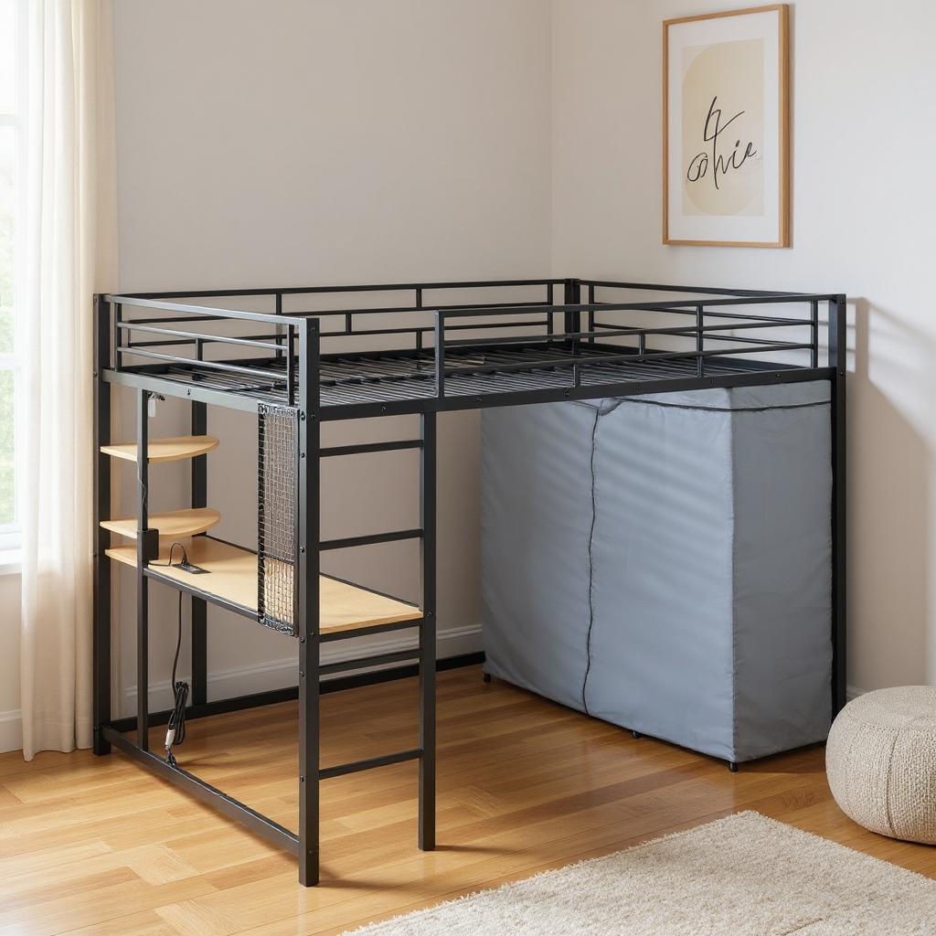 Black Four Poster Wood Full Double Loft Bed with Desk and Shelves