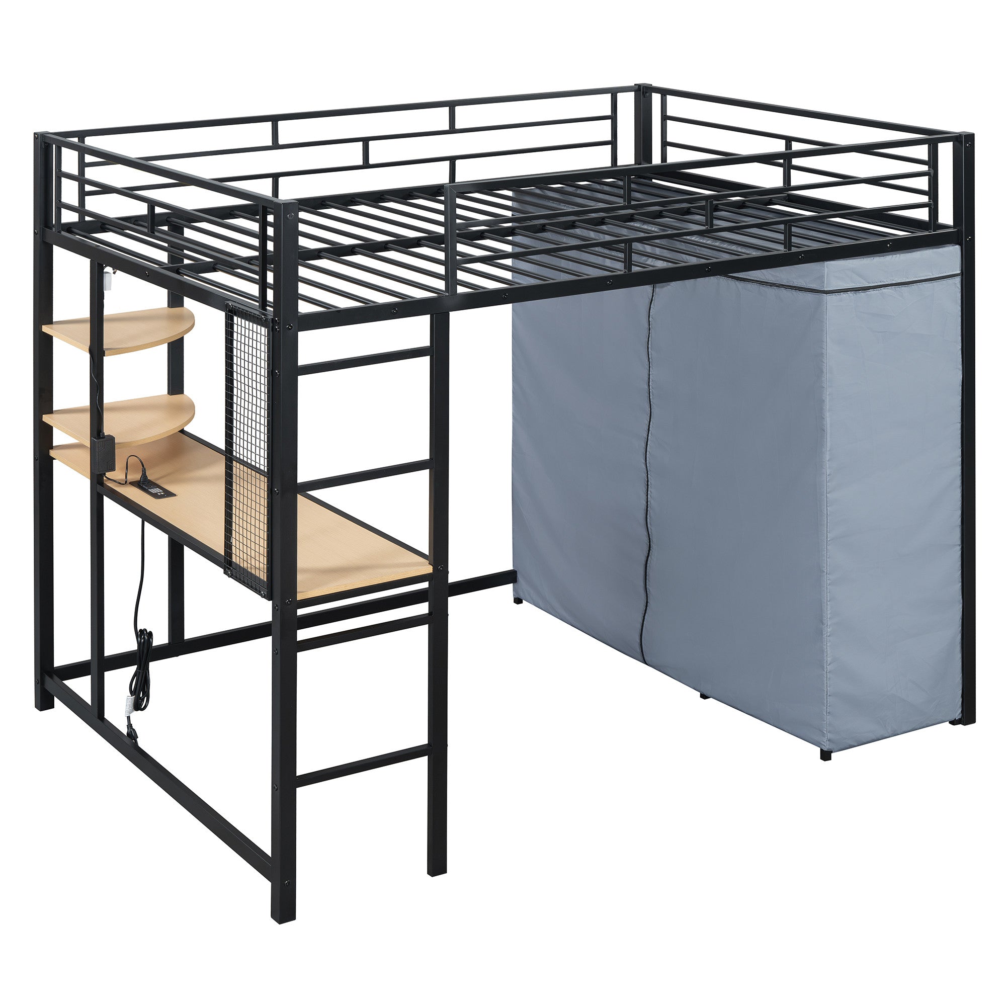 Black Four Poster Wood Full Double Loft Bed with Desk and Shelves