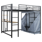Black Four Poster Wood Full Double Loft Bed with Desk and Shelves