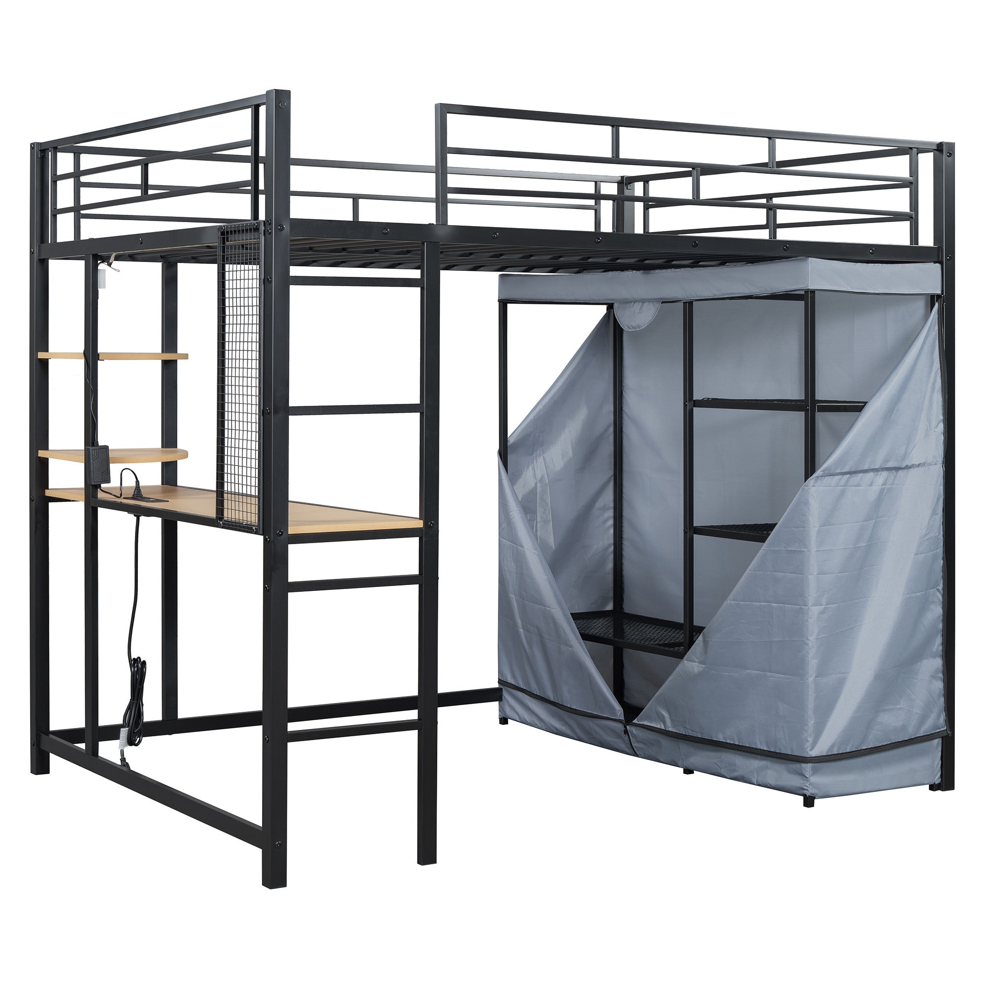 Black Four Poster Wood Full Double Loft Bed with Desk and Shelves