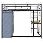 Black Four Poster Wood Full Double Loft Bed with Desk and Shelves