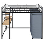Black Four Poster Wood Full Double Loft Bed with Desk and Shelves