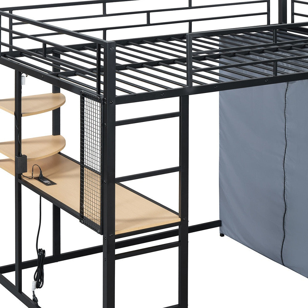 Black Four Poster Wood Full Double Loft Bed with Desk and Shelves