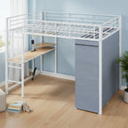 White Four Poster Wood Full Double Loft Bed with Desk and Shelves