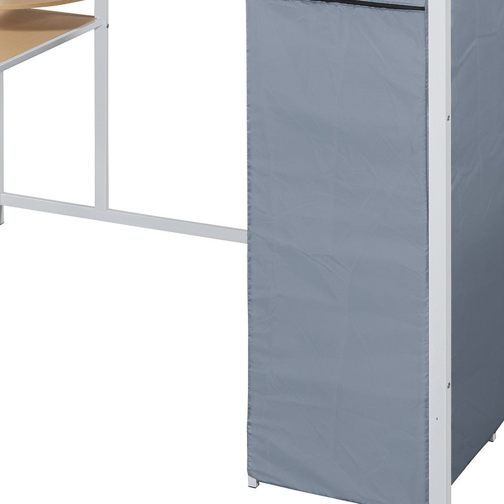 White Four Poster Wood Full Double Loft Bed with Desk and Shelves