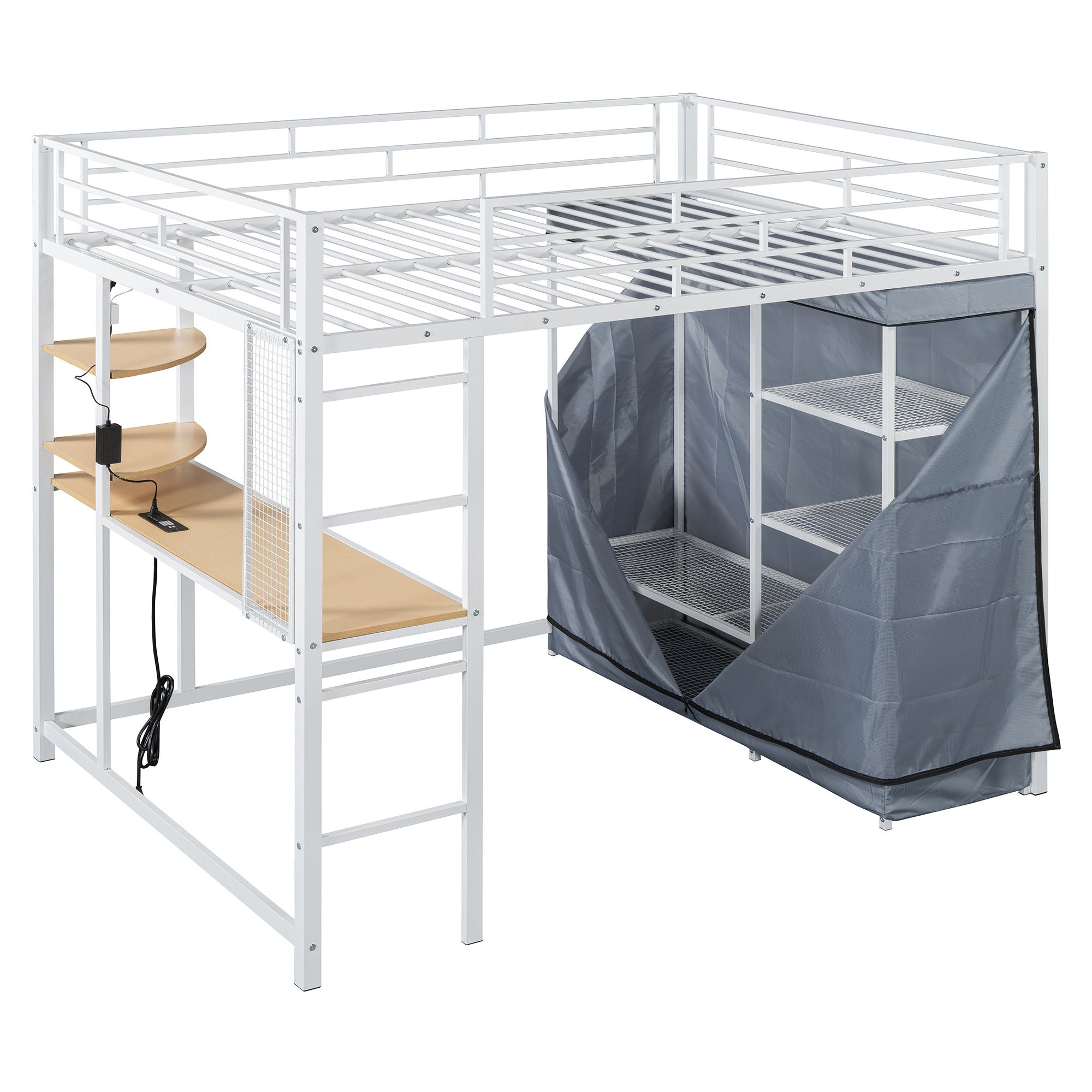 White Four Poster Wood Full Double Loft Bed with Desk and Shelves