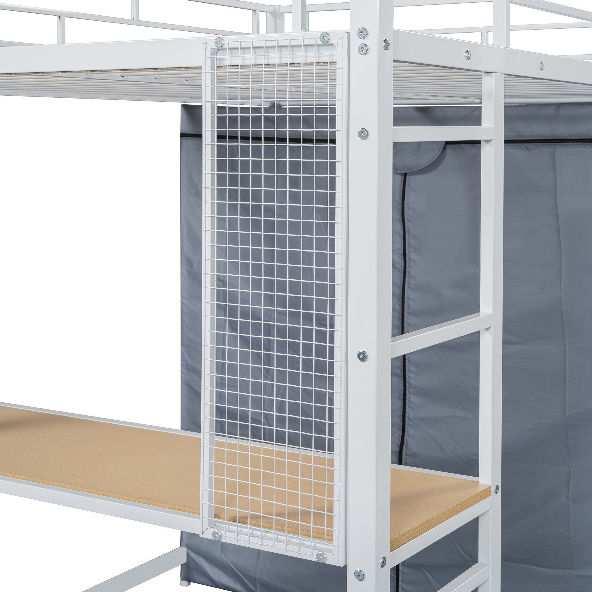 White Four Poster Wood Full Double Loft Bed with Desk and Shelves