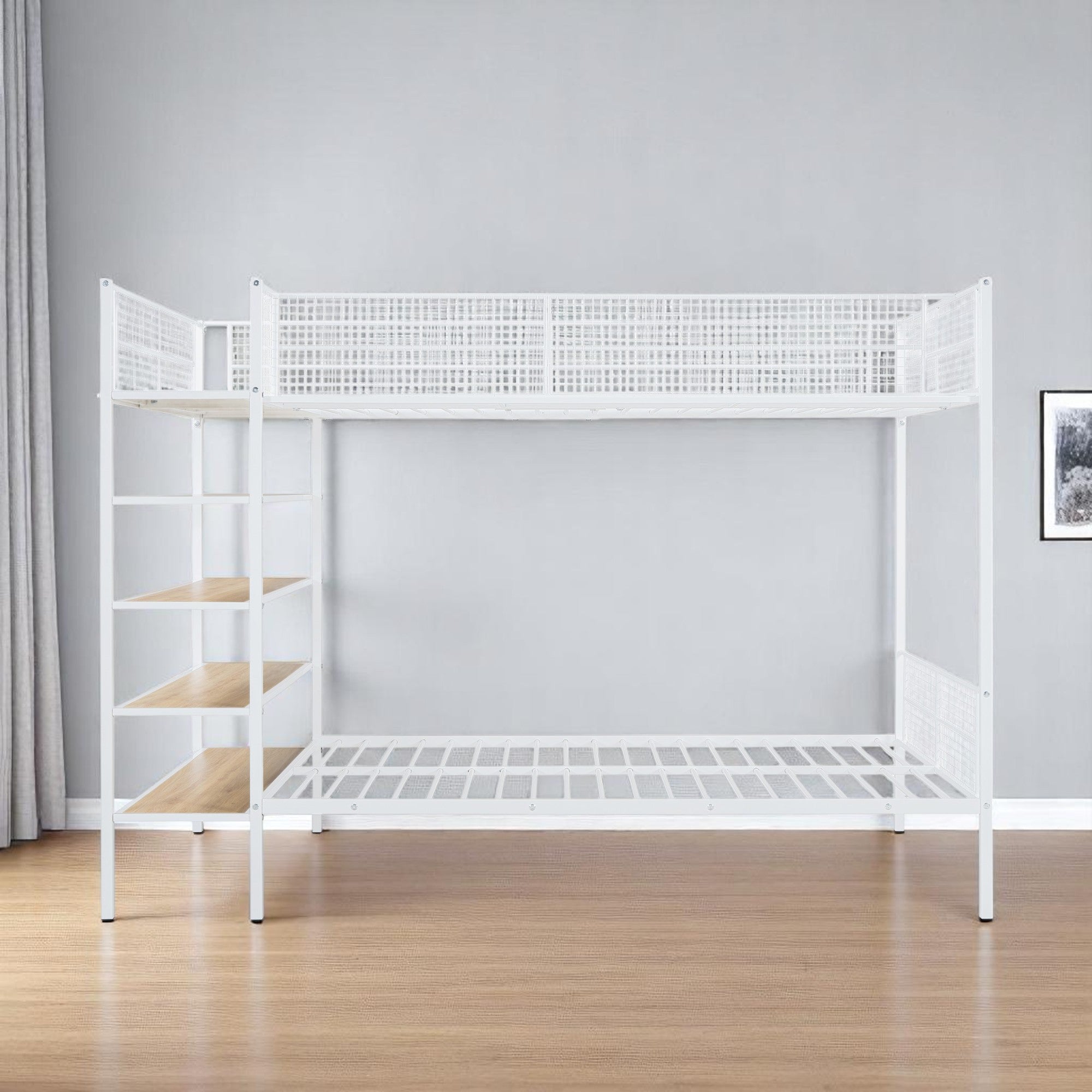 White Twin Over Full Industrial Metal Bunk Bed With Shelves