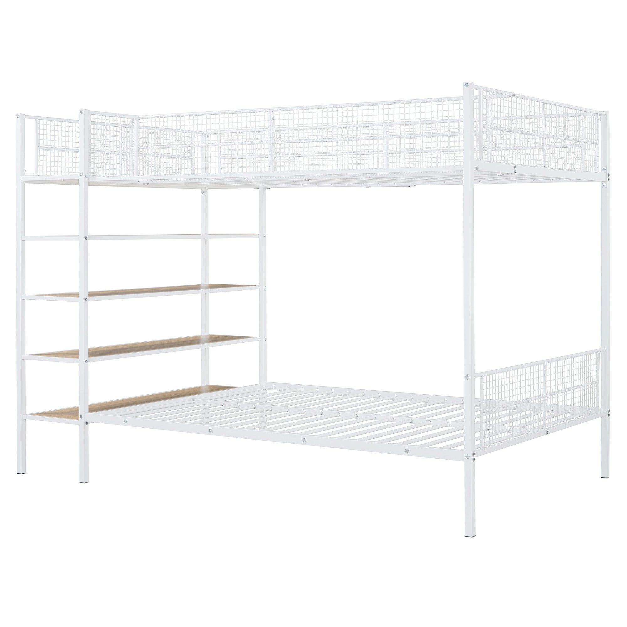 White Twin Over Full Industrial Metal Bunk Bed With Shelves
