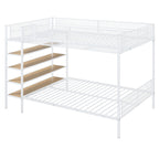 White Twin Over Full Industrial Metal Bunk Bed With Shelves