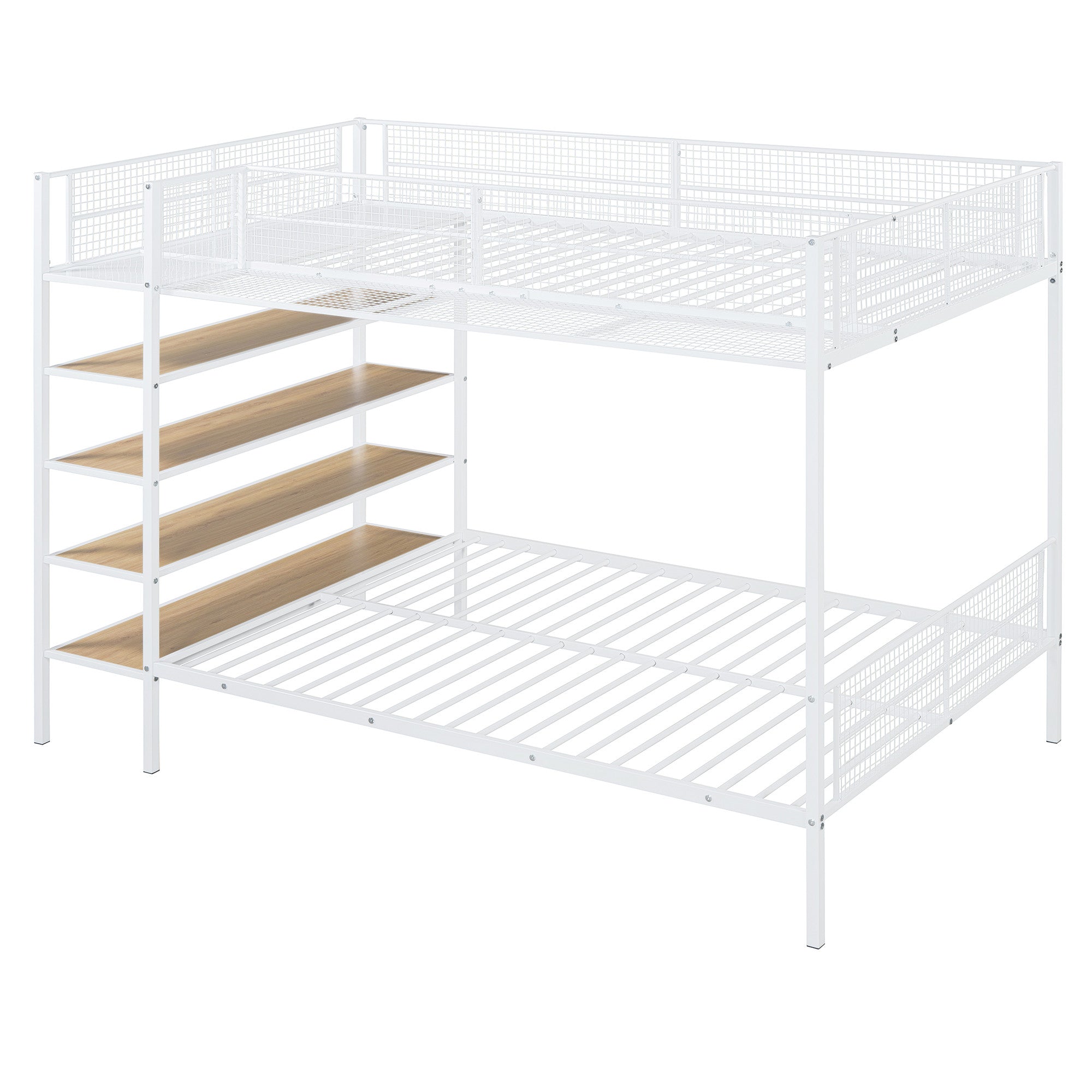 White Twin Over Full Industrial Metal Bunk Bed With Shelves
