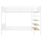White Twin Over Full Industrial Metal Bunk Bed With Shelves