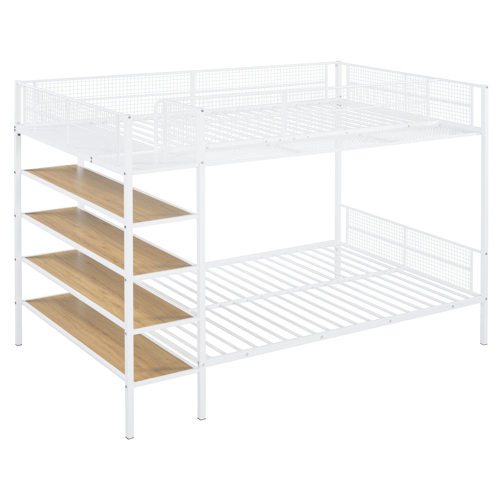White Twin Over Full Industrial Metal Bunk Bed With Shelves