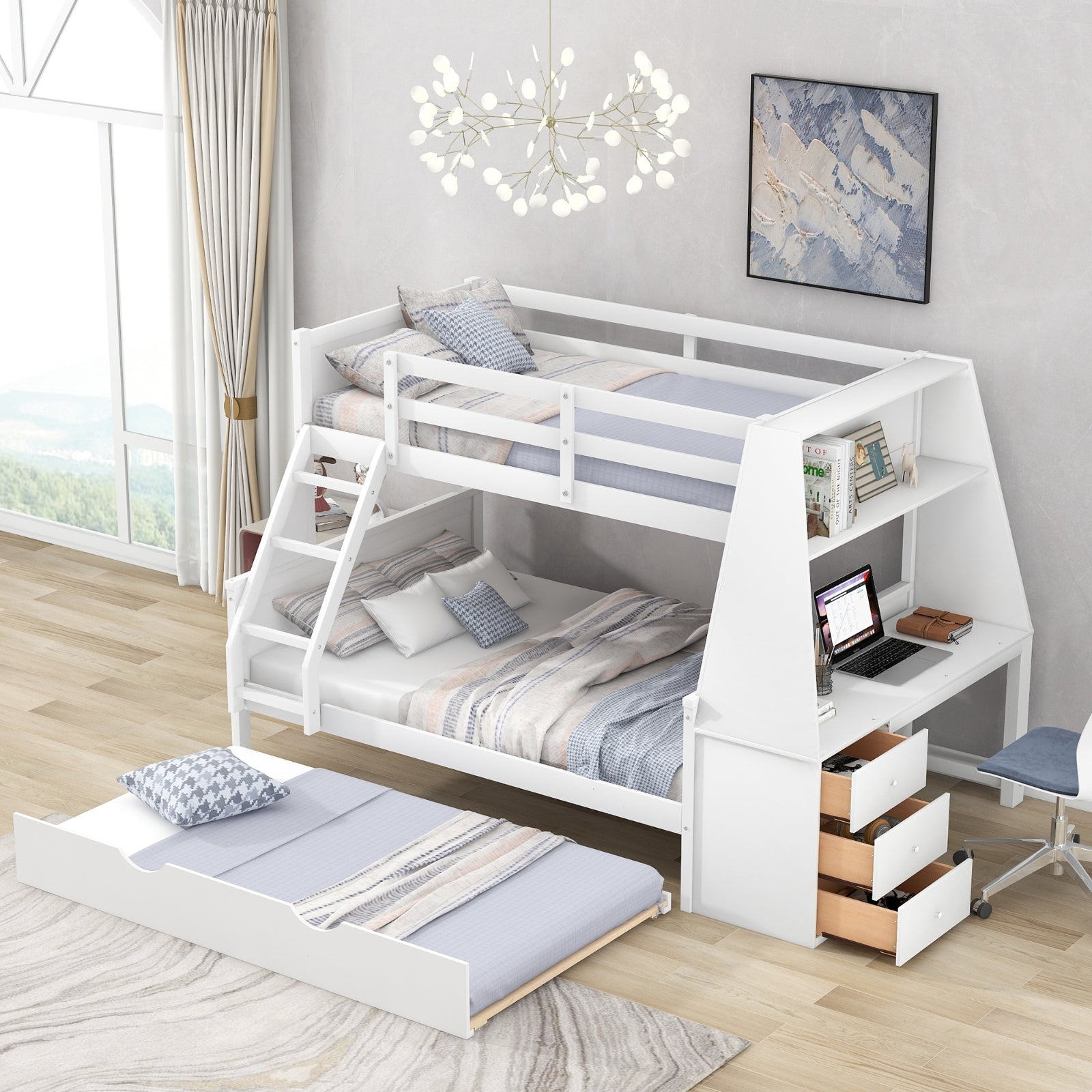 Twin Full Bunk Bed W  Trundle, Desk, 3 Drawers   Shelf - White