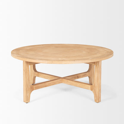 39" Natural and White Solid Wood Round Distressed Coffee Table