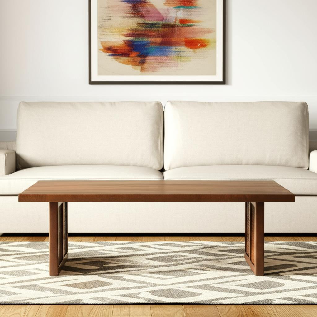 42" Brown and Natural Solid Wood and Wicker Square Double Pedestal Coffee Table