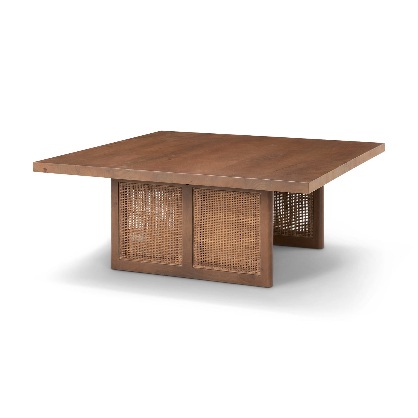 42" Brown and Natural Solid Wood and Wicker Square Double Pedestal Coffee Table