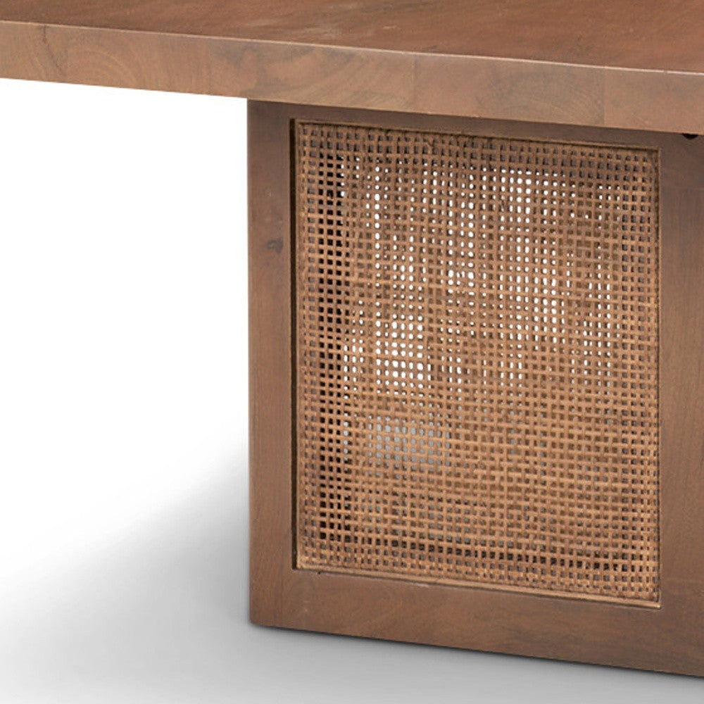 42" Brown and Natural Solid Wood and Wicker Square Double Pedestal Coffee Table