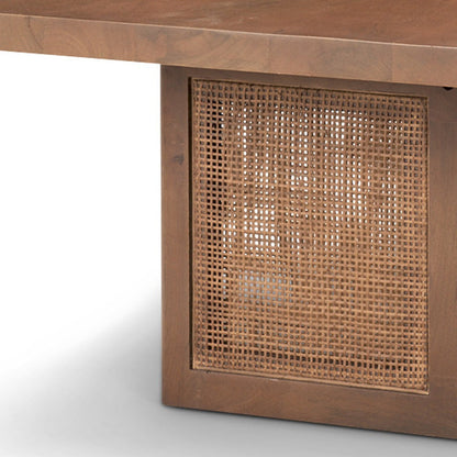 42" Brown and Natural Solid Wood and Wicker Square Double Pedestal Coffee Table