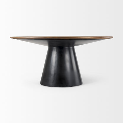 63" Brown and Black Solid Wood and Metal Pedestal Base Round Top Dining Table