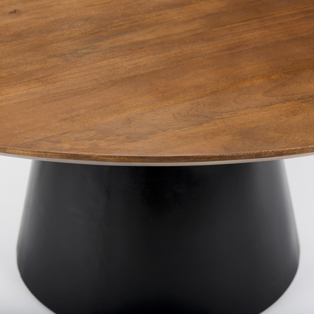 63" Brown and Black Solid Wood and Metal Pedestal Base Round Top Dining Table
