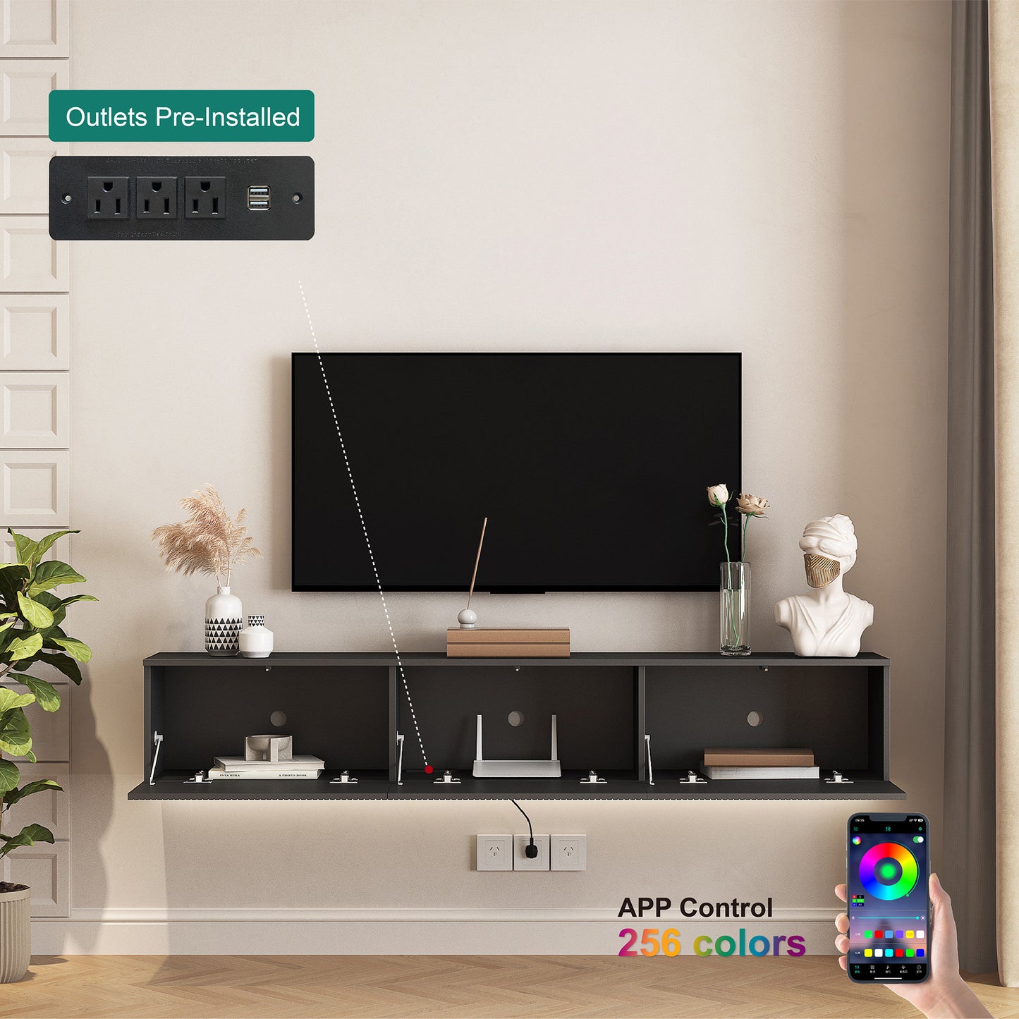 Floating TV Stand Wall Mounted With 16 Color LEDs,69 Modern TV Stand, Floating TV Cabinet Entertainment Center For 55 60 65 Inch TV,Black