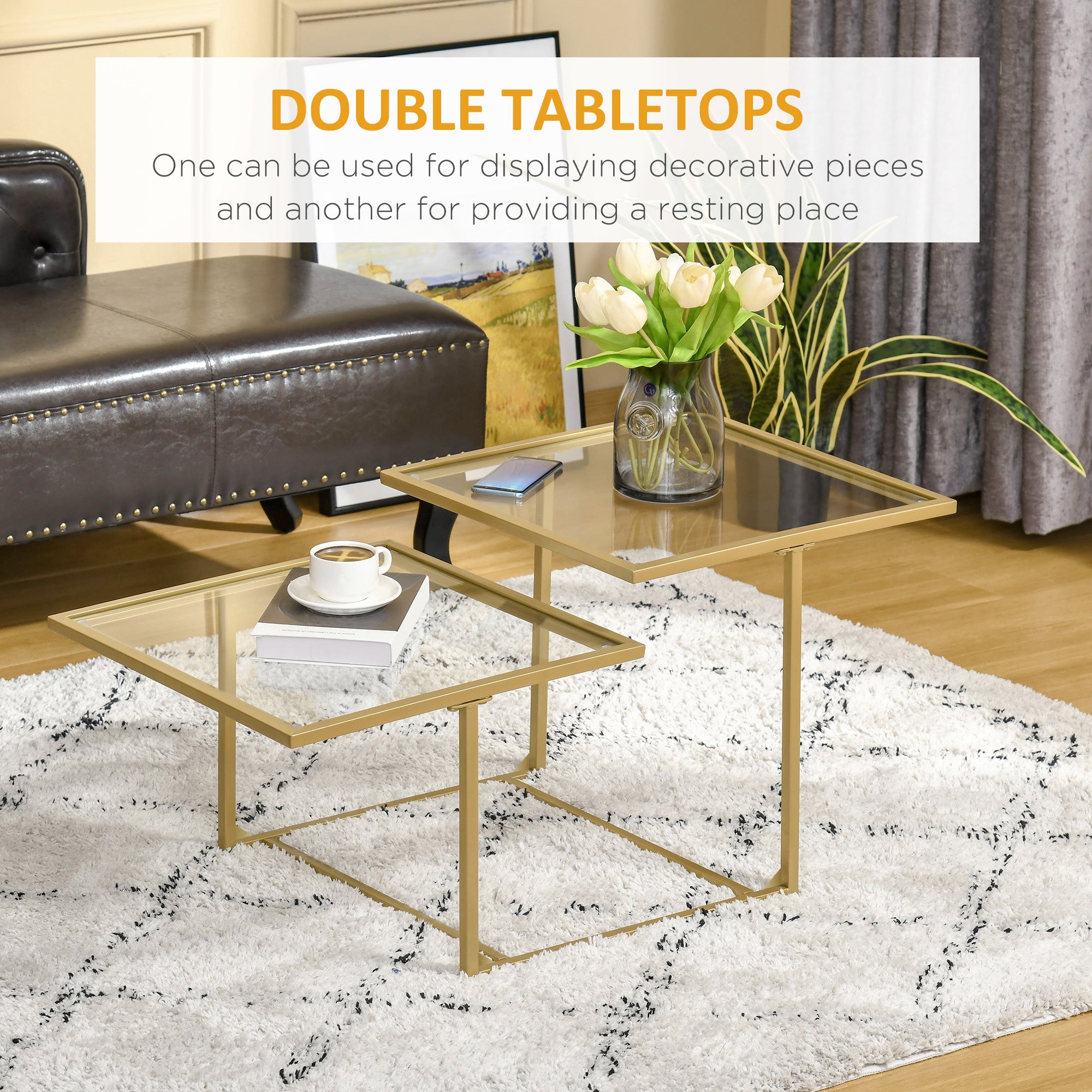 Coffee Table, Tempered Glass Coffee Table with 2 Square Tabletops, Modern Coffee Tables for Living Room, Bedroom, Gold