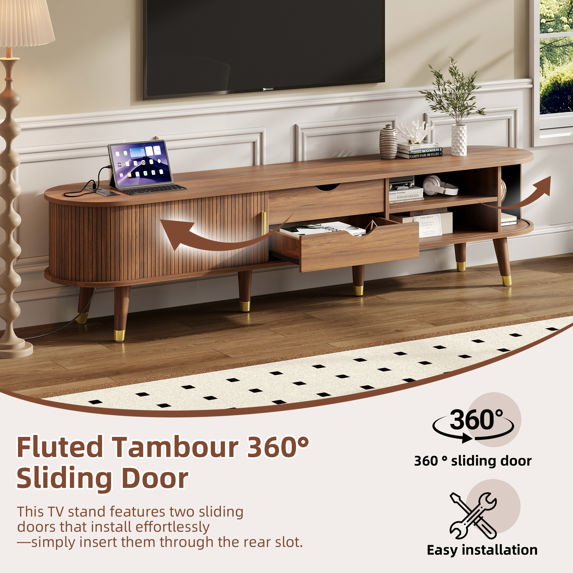 Assembly Video Wooden Oval Fluted TV Stand With Charging Station For TV Up To 80, Mid-Century Media Console With Sliding Tambour Door, Farmhouse TV Cabinet With Golden Handle For Living Room, Walnut
